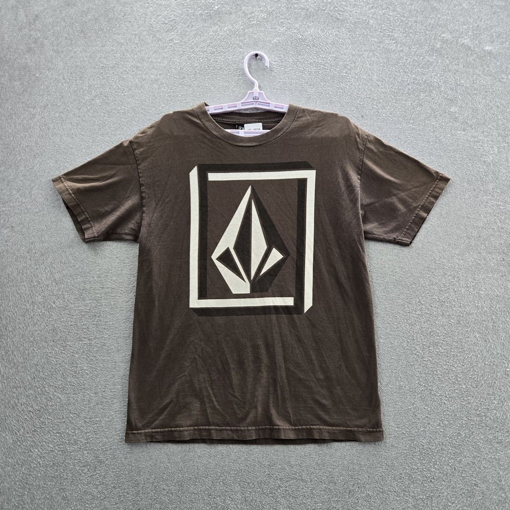 VINTAGE Volcom Men Shirt L Brown Graphic Big Logo Short Sleeve Y2K Skater